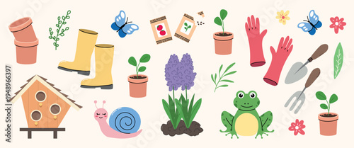 Cute gardening elements set with plants tools frog snail and butterflies flat illustration