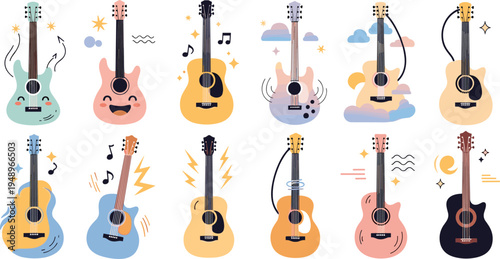Acoustic guitar vector set cartoon and flat style musical instrument icons with sound waves notes illustration collection isolated background