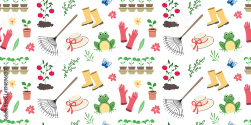 Seamless gardening pattern with rake gloves rubber boots garden hat potted plants seedlings tomato plant frog butterflies flowers and leaves