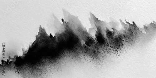 A minimalist abstract ink painting depicts the essence of a mountain range. The work's simplicity highlights the natural forms.