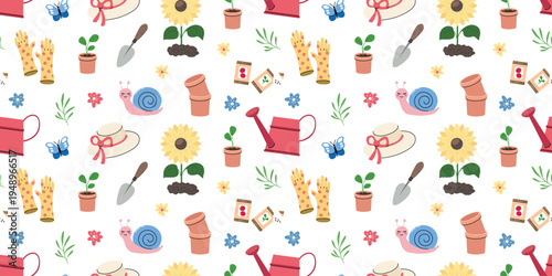 Spring gardening pattern with watering can sunflower pots and seed packets