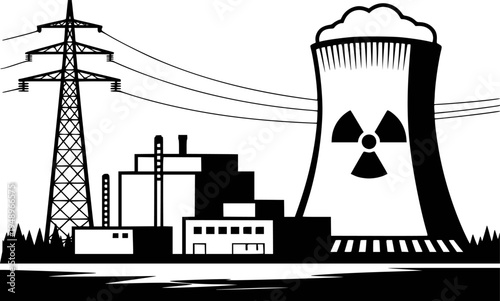 Black and white of a nuclear power plant with cooling tower and transmission tower