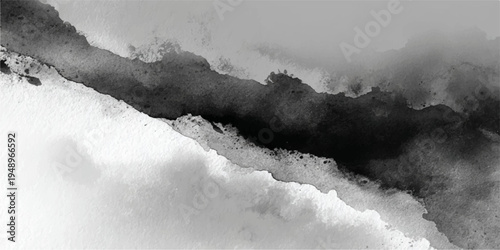 Abstract black and white landscape of mountains and clouds, with textured strokes and contrasting shades creates a dreamlike and timeless artwork. 