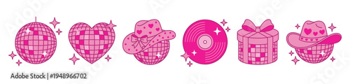 Pink disco ball, heart shape, cowboy hat, vinyl record, and present box collection, arranged in a row against a clean white background for display