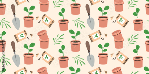 Spring garden seamless pattern with potted plants leaves seeds and trowel