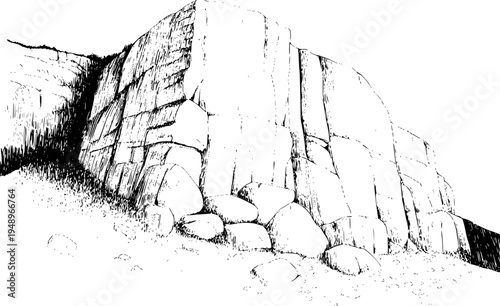 Black and white of a rugged cliff face with textured rock formations and sparse vegetation