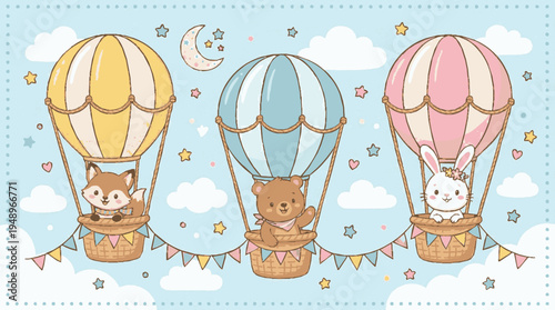 Three cute baby woodland creatures joyfully riding colorful hot air balloons in a whimsical sky with stars and clouds