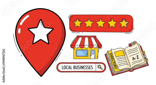 Illustrated icons representing location, reviews, store, and deals