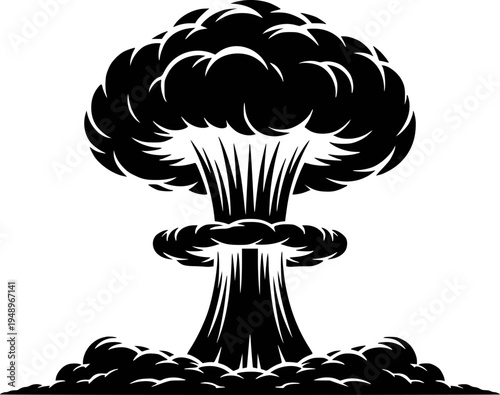 Black silhouette of a mushroom cloud explosion a white background nuclear bomb