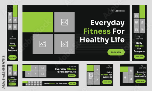 Daily gym fitness social media post banner template set, sports social media square banner, workout exercise social media promotion design. Vector eps 10 file format