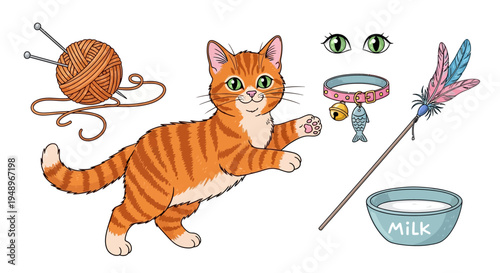 Playful cat enjoying a variety of whimsical toys and treats around her