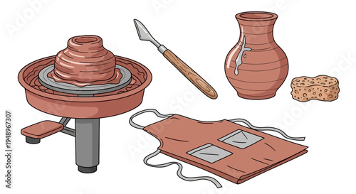Traditional pottery wheel setup with tools and clay in use