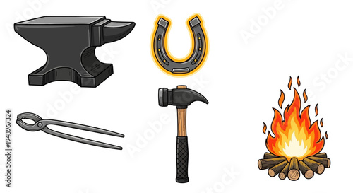 Traditional blacksmithing tools and a forge fire illustration