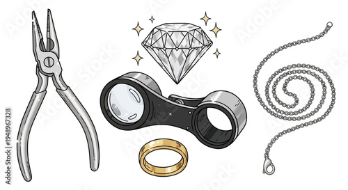 Iconic tools and symbols associated with jewelry crafting and engagement traditions