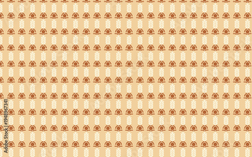 Seamless boho geometric pattern with terracotta wheat stalks and abstract suns