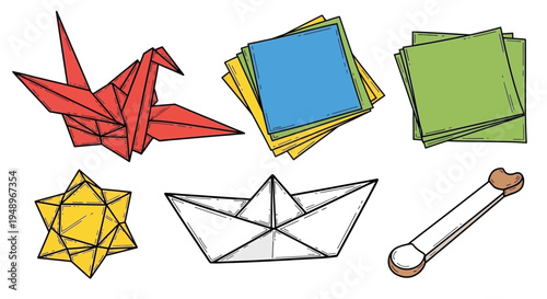 Colorful origami and paper crafting items arranged together on a flat surface