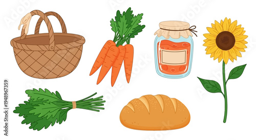 A basket of fresh vegetables, bread, and sunflower with a jar of preserves