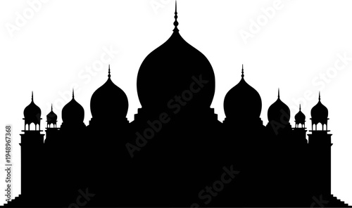Black Silhouette of Islamic Mosque Architecture with Multiple Domes and Minarets White Background
