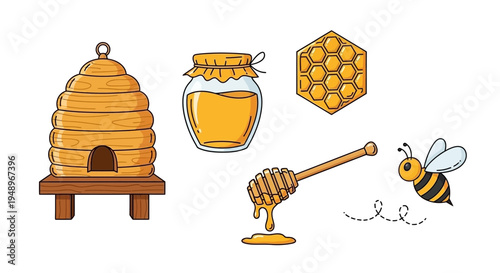 A collection of honey-related items and a bee in a natural setting