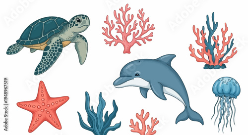 Vibrant underwater scene featuring marine life and coral formations in a colorful illustration