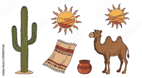 A serene desert scene featuring a cactus, sun, camel, and traditional items.