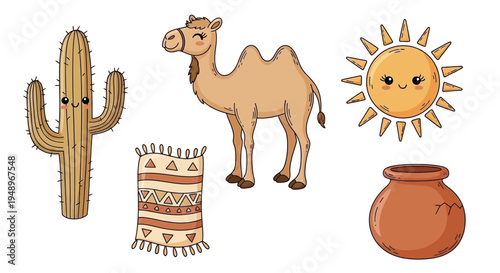 Scenic desert illustration featuring a camel, cactus, and pottery in bright sunlight.