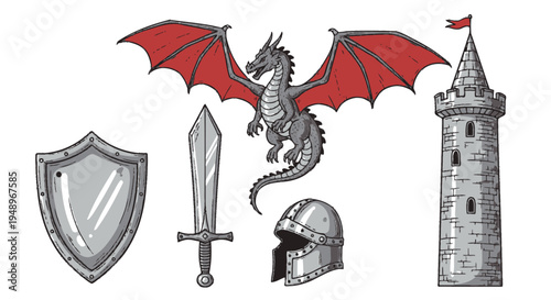 Medieval fantasy symbols including shield, sword, dragon, and castle tower