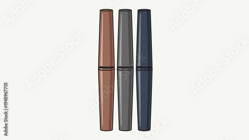 Three different colored tubes of mascara or liquid eyeliner in brown, gray, and blue shown standing together on white.