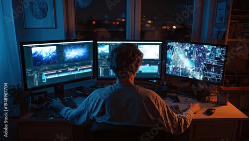 Person works on video editing project on three computer monitors at night