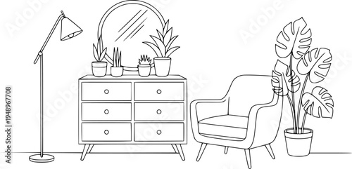 Line interior scene with armchair dresser mirror and potted plants white background