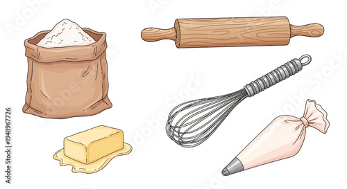 Essential baking ingredients and tools displayed together on a plain background