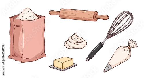 Essential baking ingredients and tools for making pastries and desserts