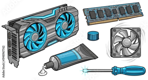 Assorted graphics card and cooling components for pc assembly and upgrades