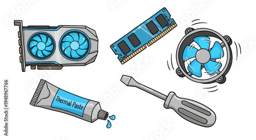 Illustrated depiction of computer hardware cooling and maintenance tools