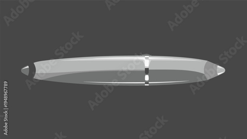 Silver or gray eyeliner pencil lying horizontally on a dark background showing the pointed tip and sleek metallic finish.