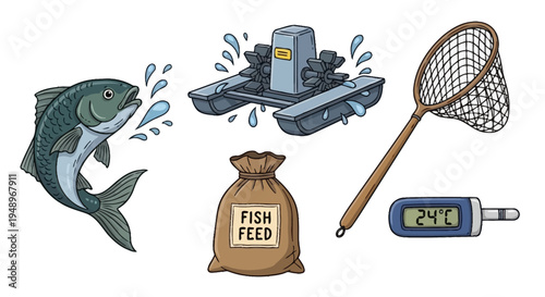 A collection of fishing-related tools and catches displayed together.