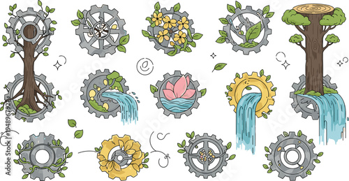 Nature and technology harmony vector set gears trees waterfalls eco engineering concept mechanical nature balance illustration collection isolated background