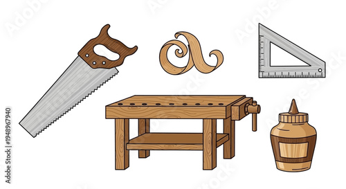 A collection of classic woodworking tools and a workbench setup for crafting projects
