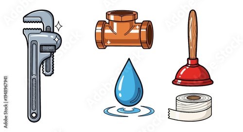 Essential tools and components for plumbing and leak repair work.