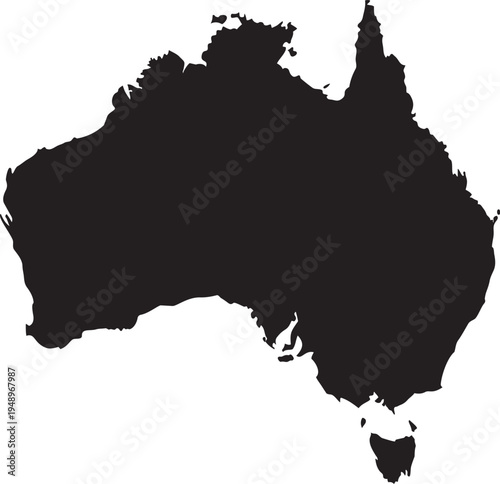 Black silhouette map of Australia continent simple vector graphic for travel and geography concepts isolated on white background