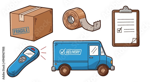 Illustration of shipping and delivery process elements with delivery truck and tools