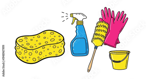 Brightly colored cleaning tools and supplies arranged for household use