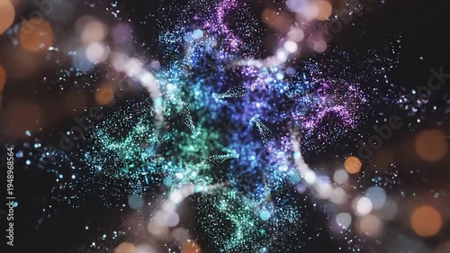 Abstract Colorful Glowing Particles Exploding Center Bursting Outwards.
