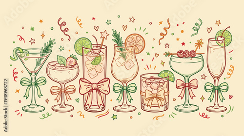 Assorted alcoholic cocktails garnishes with fresh fruit and festive ribbon bows standing in a line against a light beige background for celebration