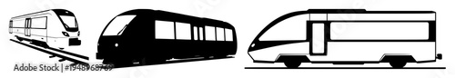 Hydrogen-powered commuter train set with a sleek black silhouette featuring aerodynamic design, mass transit, and future technology with a clean white background