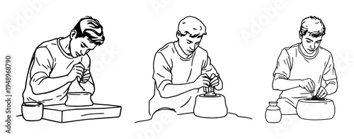 Sculptor set with continuous line drawing of a person sculpting clay featuring hand, wrist, sculpture with minimalist style and black stroke