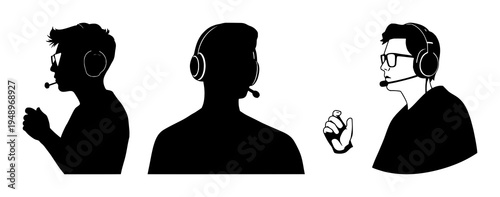 Esports player set with solid black silhouette on white background, clean sharp edges featuring headset, gaming, competitive sports with modern style and digital theme