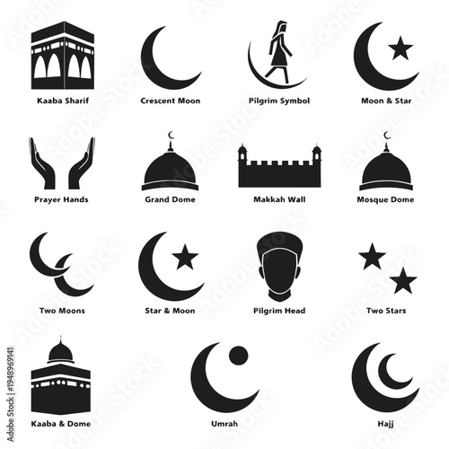 Islamic Symbols & Landmarks Icon Set — Kaaba, Crescent, Dome, Prayer Hands & Pilgrimage Motifs
