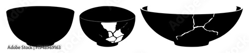 Kintsugi pottery bowl set with solid black silhouette and visible repair cracks in minimalist style featuring art, repair, traditional Japanese ceramics with black and white and silhouette