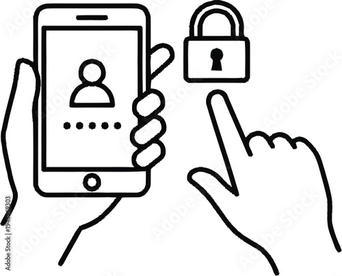 Mobile phone with password field and user icon held by hands pointing to a padlock with a keyhole